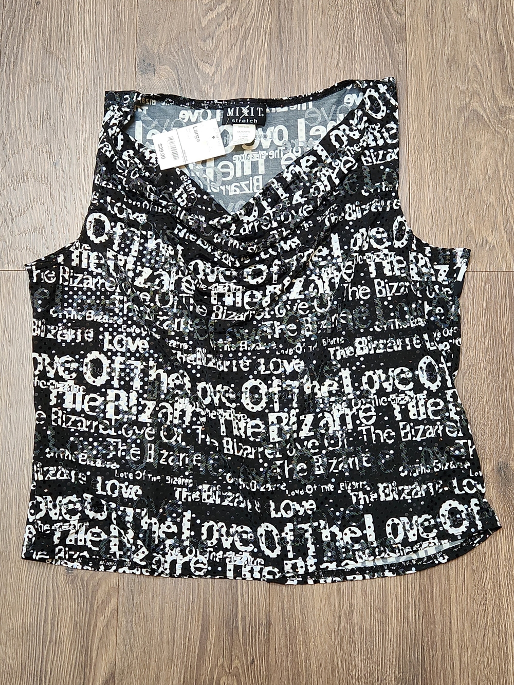 VTG Y2K Mixit Black and White "Love of the Bizarre" Sequin Cowl Neck Top - Large